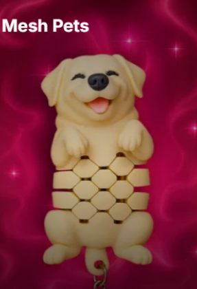 Mesh Pet dog keychain with mesh body and smiling face

Custom articulated Mesh Pet figure created from a pet photo

3D printed pet keychain with poseable limbs

STLA.i generated pet model turned into a keychain