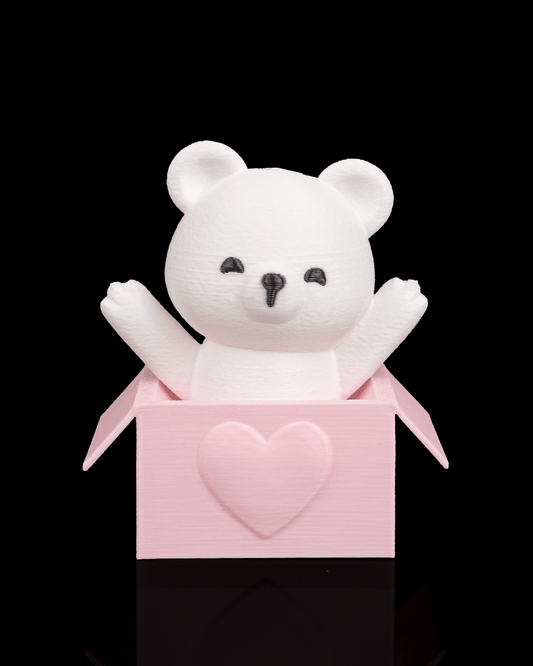 3D printed Peek‑a‑Bear keychain bear emerging from heart‑embossed pink box